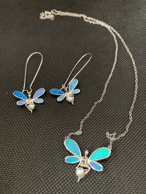Elle Blue-Green Opal Dragon Fly Pendant Necklace and Earrings Set